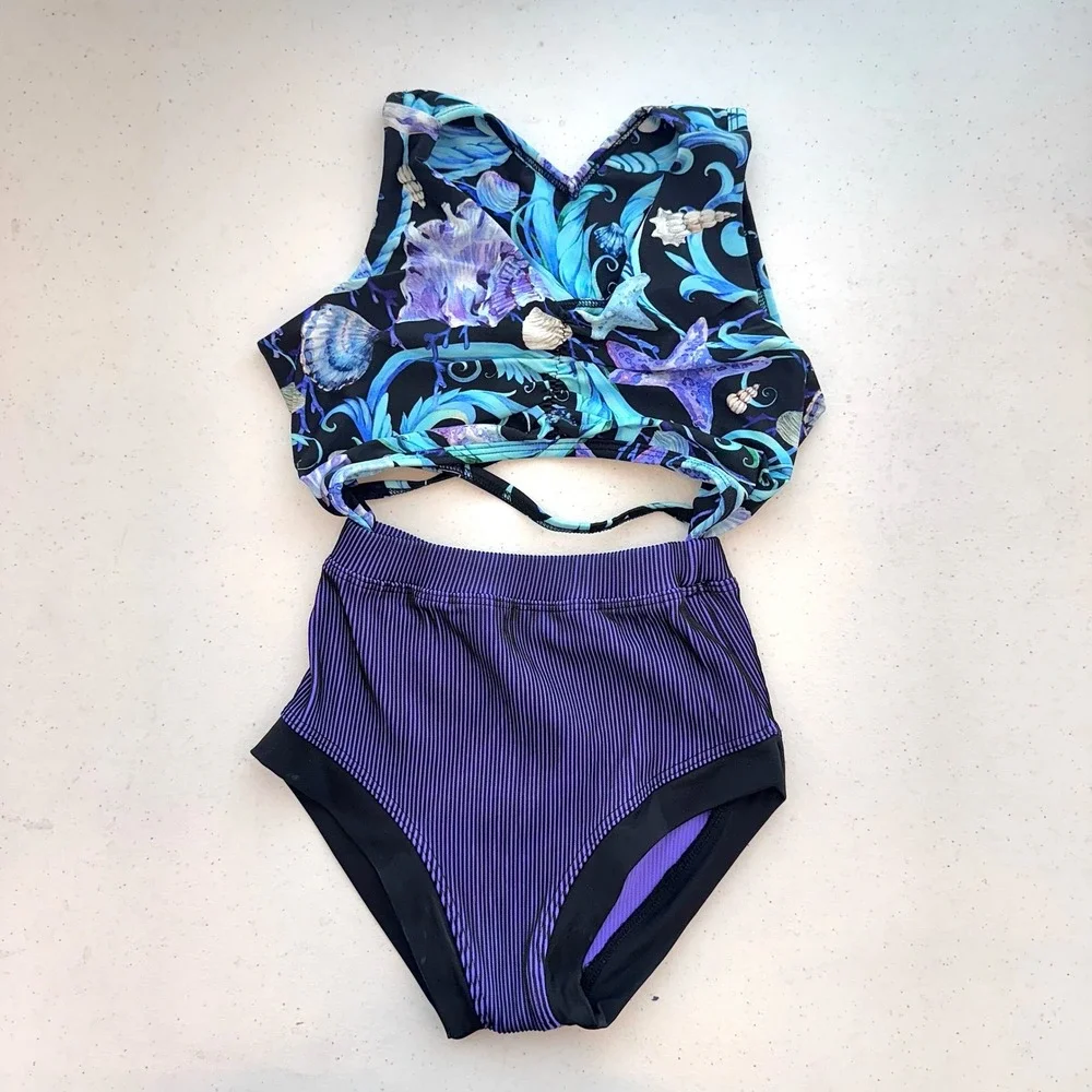 Dance to the Beach Kids Mermaid Seashell Swimsuit Set Bikini Top Bottoms Size LC